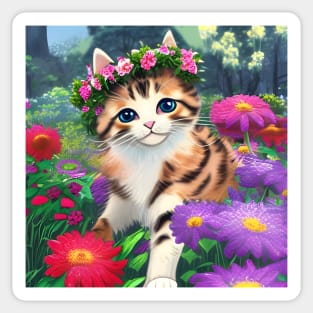 Tricolour Kitten with Flower Crown Sticker